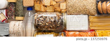 Essential home food stock for military operations and crises and for the period of quarantine and isolation, canned food, pasta, flour and nonperishable items,the concept of stay at home, banner 137250976