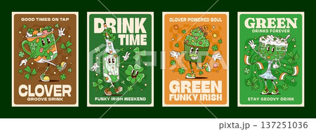 Patrick's day groovy funky Y2K posters for Irish holiday, vector retro cartoon. Groovy funny green cupcake character with hippie drink bottle and coffee cup with shamrock clovers and St Patrick quotes Patrick's day groovy funky Y2K posters for Irish holiday, vector retro cartoon. Groovy funny green cupcake character with hippie drink bottle and coffee cup with shamrock clovers and St Patrick quotes 137251036