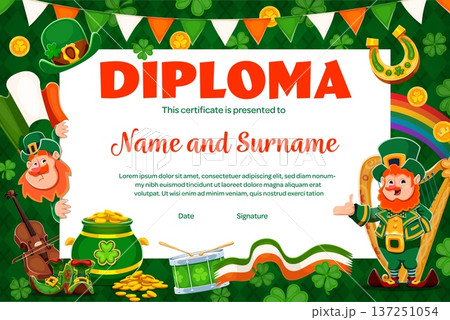 Kids diploma certificate for happy St Patrick's day holiday celebration. Vector festive Irish award frame template with cartoon leprechaun character, rainbow, pot with gold coin, horseshoe or shamrock 137251054