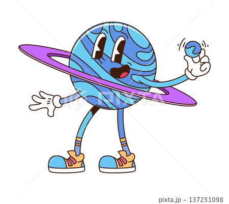 Space planet cartoon groovy funny character. Galaxy exploration hippie character, cosmos discovery groovy vector personage. Astronomy space research blue fantasy planet with purple ring cute mascot Space planet cartoon groovy funny character. Galaxy exploration hippie character, cosmos discovery groovy vector personage. Astronomy space research blue fantasy planet with purple ring cute mascot 137251098