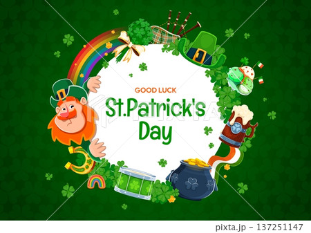 St Patrick's Day round banner with frame of shamrock clovers for Irish holiday, vector greeting card. Funny leprechaun character with Ireland flag, rainbow and bagpipes for Saint Patrick banner 137251147