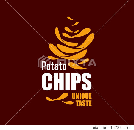 Flying crispy potato chips icon of fried salted snack symbol, vector package design. Potato chips label with yellow gold crunchy potato chips spalsh with salty taste flavor for food product pack Flying crispy potato chips icon of fried salted snack symbol, vector package design. Potato chips label with yellow gold crunchy potato chips spalsh with salty taste flavor for food product pack 137251152