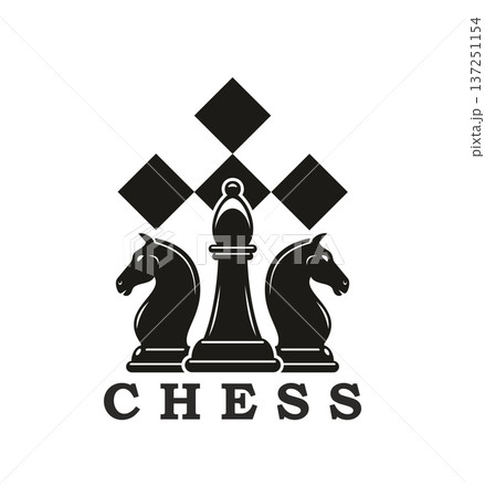 Chess sport club competition graphic icon or label. Chessboard competition emblem, board game vector sign. Business club symbol with bishop and knights on diamond pattern, symbolizing strategy 137251154