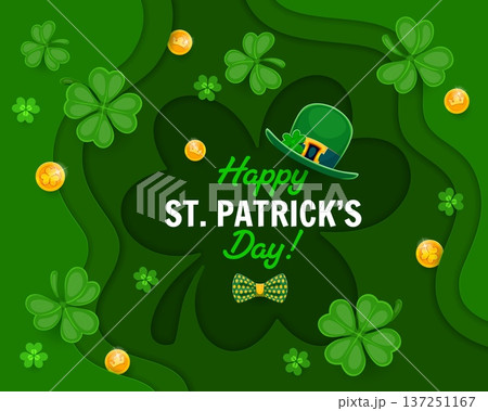 Paper cut Happy Patrick's day banner with shamrock clover leaves, vector greeting card. St Patrick's day poster with leprechaun golden coins and lucky trefoil clovers in paper cut shamrock frame 137251167