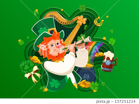 Paper cut shamrock clover leaf shape with St Patrick's day leprechaun character inside 3d vector green frame. Cartoon vector Irish traditional bearded dwarf festive personage with hat playing flute Paper cut shamrock clover leaf shape with St Patrick's day leprechaun character inside 3d vector green frame. Cartoon vector Irish traditional bearded dwarf festive personage with hat playing flute 137251214