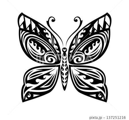 New Zealand Maori tribal butterfly animal tattoo or sticker. Samoan tribe warrior black sign, Maori culture vector print. New Zealand tribal motif butterfly animal tattoo or ethnic abstract symbol 137251216