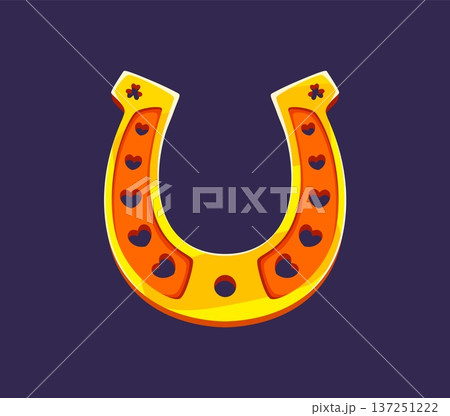 Golden lucky horseshoe, happy St Patrick's day horse shoe symbol with heart shaped holes. Cartoon vector traditional horseshoe festive icon, fortune talisman or charm for Irish holiday celebration Golden lucky horseshoe, happy St Patrick's day horse shoe symbol with heart shaped holes. Cartoon vector traditional horseshoe festive icon, fortune talisman or charm for Irish holiday celebration 137251222