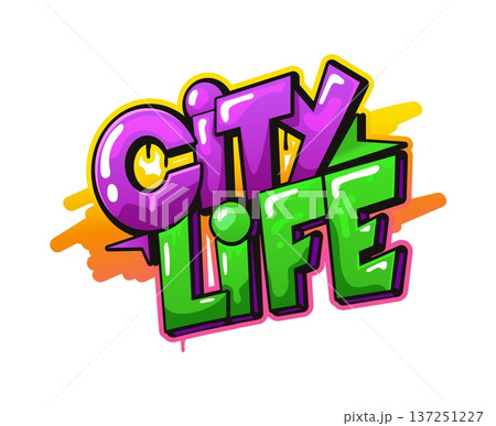 City life street graffiti, hip hop wall painting typography. Ghetto airbrush spray typography, street paint tag vector text. Urban wall drawing writing with green and purple funky glossy letters City life street graffiti, hip hop wall painting typography. Ghetto airbrush spray typography, street paint tag vector text. Urban wall drawing writing with green and purple funky glossy letters 137251227