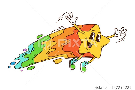 Space shooting star cartoon groovy funny character. Astronomy funky character, cosmos and space groovy isolated vector personage. Galaxy shooting and falling star cheerful happy smiling mascot 137251229