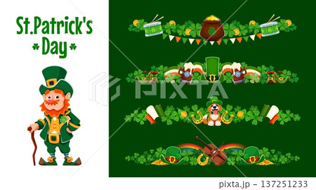 St Patrick's Day dividers, separators and border frames for Irish holiday, vector decorations. Funny leprechaun character, shamrock clovers, Ireland flag ribbon and gold coins for St Patrick dividers St Patrick's Day dividers, separators and border frames for Irish holiday, vector decorations. Funny leprechaun character, shamrock clovers, Ireland flag ribbon and gold coins for St Patrick dividers 137251233