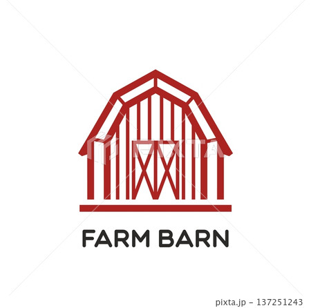 Red wooden farm barn icon with crossed door. Vector rural wood farmhouse building symbol or emblem of agriculture, countryside farming tradition, harvest, livestock organic country life, eco village Red wooden farm barn icon with crossed door. Vector rural wood farmhouse building symbol or emblem of agriculture, countryside farming tradition, harvest, livestock organic country life, eco village 137251243