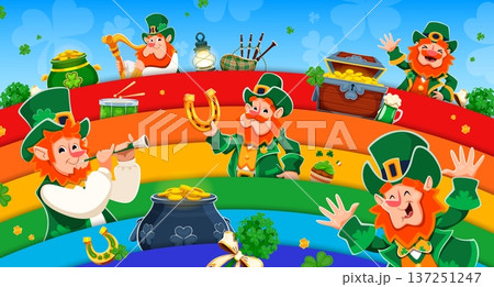 Funny leprechauns characters on rainbow on Happy St Patrick's day greeting card, cartoon vector. Leprechauns playing harp with lucky horseshoe or gold coins on rainbow for Saint Patrick holiday banner Funny leprechauns characters on rainbow on Happy St Patrick's day greeting card, cartoon vector. Leprechauns playing harp with lucky horseshoe or gold coins on rainbow for Saint Patrick holiday banner 137251247