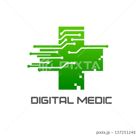Digital health icon, pharmacy or hospital symbol, medical care technology. Modern vector green medical cross with circuit lines, symbolizing healthcare, telemedicine and innovative medical services Digital health icon, pharmacy or hospital symbol, medical care technology. Modern vector green medical cross with circuit lines, symbolizing healthcare, telemedicine and innovative medical services 137251248