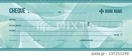 Blank bank cheque, money bill check, gift voucher or donation certificate with guilloche pattern. Vector checkbook template, professional financial document layout for secure finance transactions Blank bank cheque, money bill check, gift voucher or donation certificate with guilloche pattern. Vector checkbook template, professional financial document layout for secure finance transactions 137251249