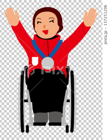 メダル受賞を喜ぶ車いすに乗った女子メダリストのイラスト・銀メダル受賞者02バンザイ 137251296