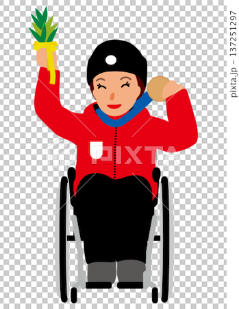 插圖：一位坐在輪椅上的女獎牌得主正在慶祝獲得獎牌（銅牌得主01），她一手拿著獎牌，一手拿著桂冠。 137251297