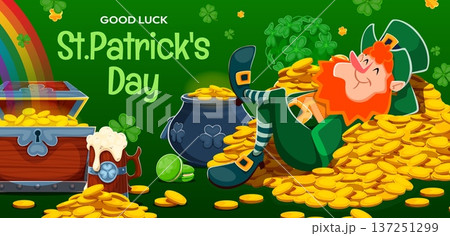 Happy St Patrick's Day banner with leprechaun and shamrock clovers, vector greeting card. Funny leprechaun character lying on gold coins, Irish holiday beer and rainbow for Saint Patrick's Day banner 137251299