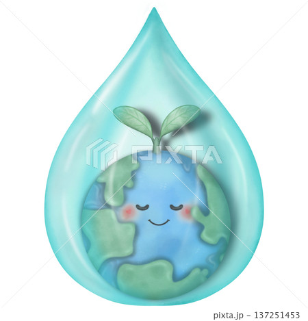 World Water Day Cute water and planet earth character with emotions, face, arms, legs in shoes. Cartoon style. Hand drawn fashion illustration. World water day, nature care concept. World Water Day Cute water and planet earth character with emotions, face, arms, legs in shoes. Cartoon style. Hand drawn fashion illustration. World water day, nature care concept. 137251453