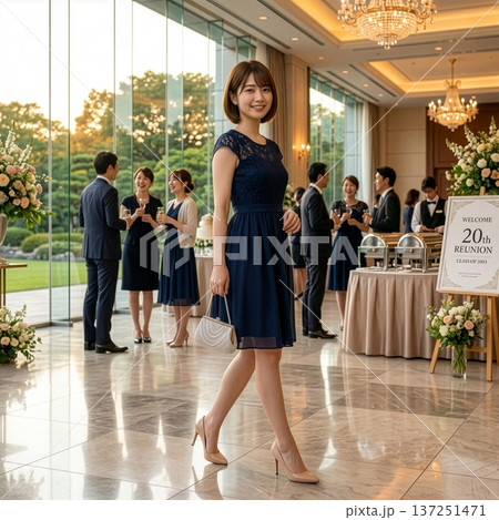 同窓会に出席する若い女性 137251471