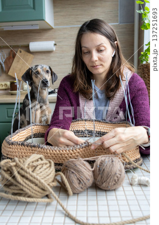 woman is sitting at a table with a basket of yarn and a dog. woman is sitting at a table with a basket of yarn and a dog. 137251693