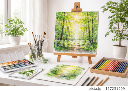 Creative art studio setup with watercolors, brushes, and green plants. 137251999