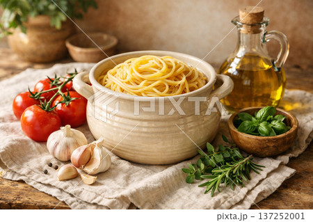 Authentic spaghetti in ceramic pot with olive oil and garlic. Authentic spaghetti in ceramic pot with olive oil and garlic. 137252001