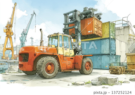 港湾で稼働するフォークリフトとコンテナ｜物流と輸送のイメージ 137252124