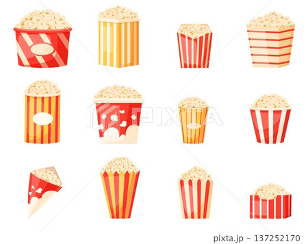 Cinema popcorn buckets. Various striped bucket and cone with pop corn. Cinema, circus, amusement park traditional snacks, fast food, nowaday vector set 137252170