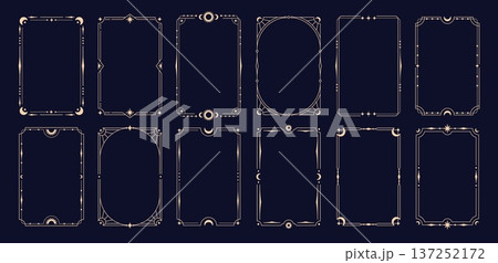Celestial golden frames. Stylish frame, mystic tarot cards, invitation template. Decorative ornament with lines, moon crescent, sun, stars, racy vector design Celestial golden frames. Stylish frame, mystic tarot cards, invitation template. Decorative ornament with lines, moon crescent, sun, stars, racy vector design 137252172