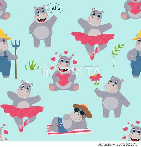 Funny hippo seamless pattern. Happy hippos dancing, farming, in love. Stylish children print for textile, fabric, wallpaper, wrapping, classy vector background 137252175