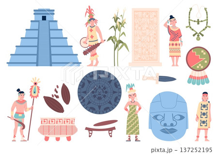 Maya civilization. Ancient aztec culture elements and characters. Tribal men women, shaman or leader and warrior. Pyramid, stone with symbols, flat recent vector elements Maya civilization. Ancient aztec culture elements and characters. Tribal men women, shaman or leader and warrior. Pyramid, stone with symbols, flat recent vector elements 137252195