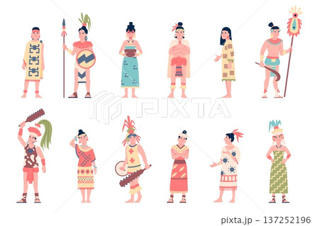 Maya civilization characters. Men woman ancient tribe citizens. Tribal warrior with weapons, shaman, housewife. Aztec culture in traditional clothes, recent vector set 137252196