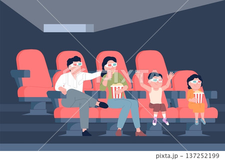 Family in cinema. Parents with children in movie theater. Weekend entertainment, people watching cartoon or 3d film for kids, recent vector scene 137252199