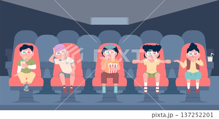 Children in movie theater. Kids watching 3d cartoon show or film. Toddlers sitting in cinema red chairs, eating popcorn, drink soda. Entertainment time recent vector scene 137252201