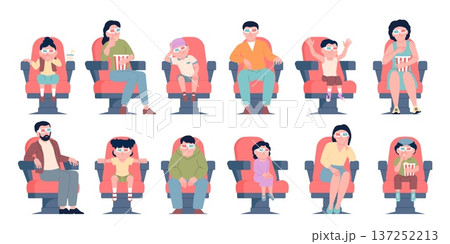 People in cinema. Adults children sitting in red movie theater chairs in 3d glasses. Film presentation for audience. Weekend, evening entertainment, recent vector characters People in cinema. Adults children sitting in red movie theater chairs in 3d glasses. Film presentation for audience. Weekend, evening entertainment, recent vector characters 137252213