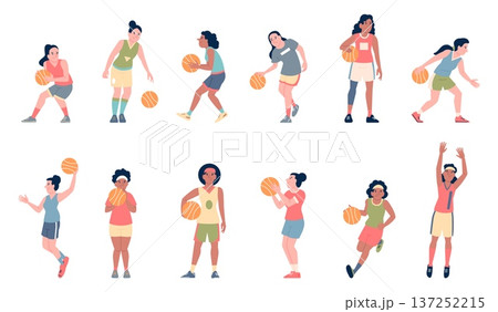 Female basketball players. Girls athletes in uniform play with ball, different poses sport characters. Workout, tournament, championship or hobby, recent vector set Female basketball players. Girls athletes in uniform play with ball, different poses sport characters. Workout, tournament, championship or hobby, recent vector set 137252215
