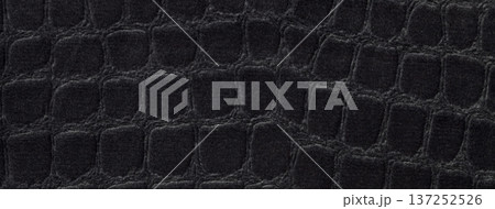 Black upholstery velvet fabric texture background with crocodile skin pattern, soft velour textile macro surface 137252526