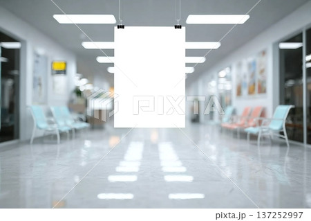 Abstract blur beautiful luxury hospital and clinic interior for background. White hospital corridor with doors and white chairs for patients waiting for the doctor visit. A poster. 137252997