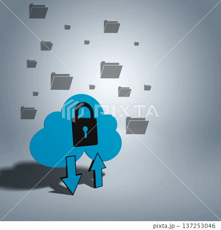 Blue cloud with a padlock, featuring upload and download arrows. Grey file folders float in the background, representing secure data storage, cloud computing, and information technology protection Blue cloud with a padlock, featuring upload and download arrows. Grey file folders float in the background, representing secure data storage, cloud computing, and information technology protection 137253046