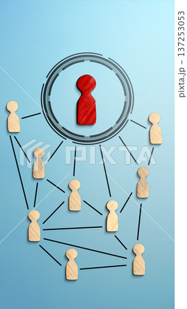 A red wooden figure stands centered within a circular target, connected by black lines to a network of natural wood figures against a blue background. Illustrates Public Relation A red wooden figure stands centered within a circular target, connected by black lines to a network of natural wood figures against a blue background. Illustrates Public Relation 137253053