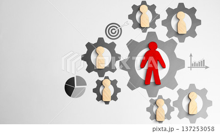 Red wooden figure in large central gear surrounded by smaller gears with wooden people. Featuring business icons for targets and growth. Concept of leadership, human resources, and efficient teamwork 137253058