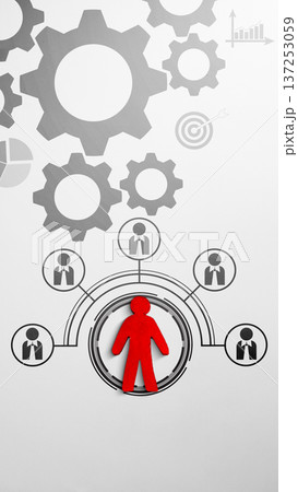 Conceptual image featuring a red figure representing a leader, surrounded by team icons and interconnected gears, symbolizing business operations, management, and strategic collaboration Conceptual image featuring a red figure representing a leader, surrounded by team icons and interconnected gears, symbolizing business operations, management, and strategic collaboration 137253059