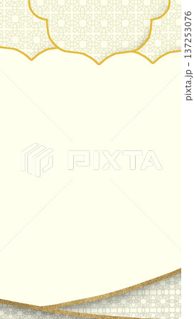 Vertical template featuring traditional Islamic geometric patterns in cream and gold. Elegant scalloped borders with gold glitter accents frame a central blank space for text or announcements 137253076