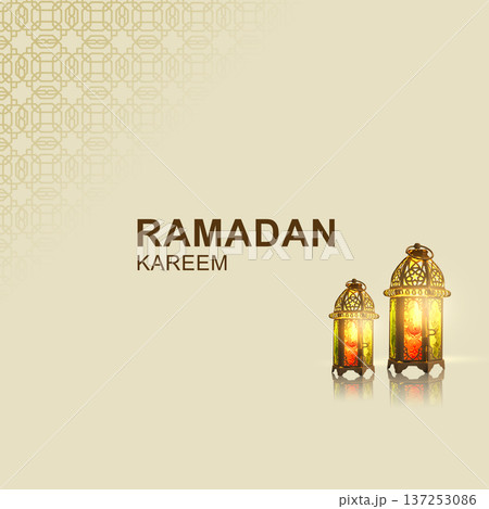 A minimalist Ramadan Kareem greeting card featuring two glowing traditional Arabic lanterns on a light beige background with an Islamic pattern 137253086