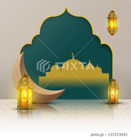 Beautiful Islamic background featuring golden lanterns, a large crescent moon, and a mosque silhouette within a turquoise arch, set on an ornate geometric floor. Ideal for Ramadan and Eid celebrations Beautiful Islamic background featuring golden lanterns, a large crescent moon, and a mosque silhouette within a turquoise arch, set on an ornate geometric floor. Ideal for Ramadan and Eid celebrations 137253091