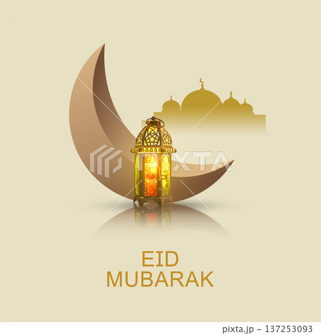A beautiful Eid Mubarak greeting card featuring a glowing traditional Arabic lantern, a large crescent moon, and a mosque silhouette on a soft beige background with elegant reflections 137253093