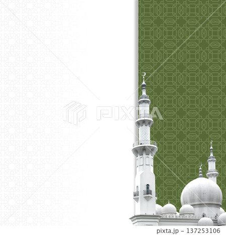 Islamic greeting card template featuring white mosque domes and minarets against a split white and green background with traditional geometric patterns. Includes copy space for Ramadan or Eid messages Islamic greeting card template featuring white mosque domes and minarets against a split white and green background with traditional geometric patterns. Includes copy space for Ramadan or Eid messages 137253106