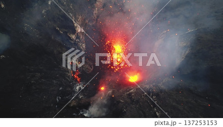 Yasur volcano actively erupting in a dramatic aerial drone view, showcasing hot molten lava exploding from the crater and flowing down the rugged volcanic landscape on Tanna Island in Vanuatu Yasur volcano actively erupting in a dramatic aerial drone view, showcasing hot molten lava exploding from the crater and flowing down the rugged volcanic landscape on Tanna Island in Vanuatu 137253153