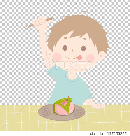桜餅を食べる男の子イラスト 137253235