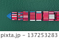 Large container ship loaded with cargo shipping containers moving through green ocean water, representing global trade, logistics, and international freight transportation. Aerial view drone shot Large container ship loaded with cargo shipping containers moving through green ocean water, representing global trade, logistics, and international freight transportation. Aerial view drone shot 137253283